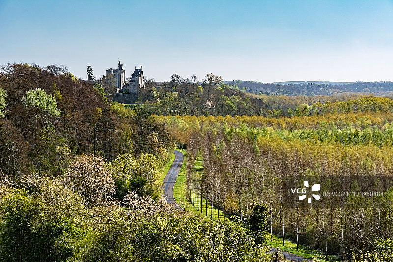森林、道路和城堡航拍图片素材