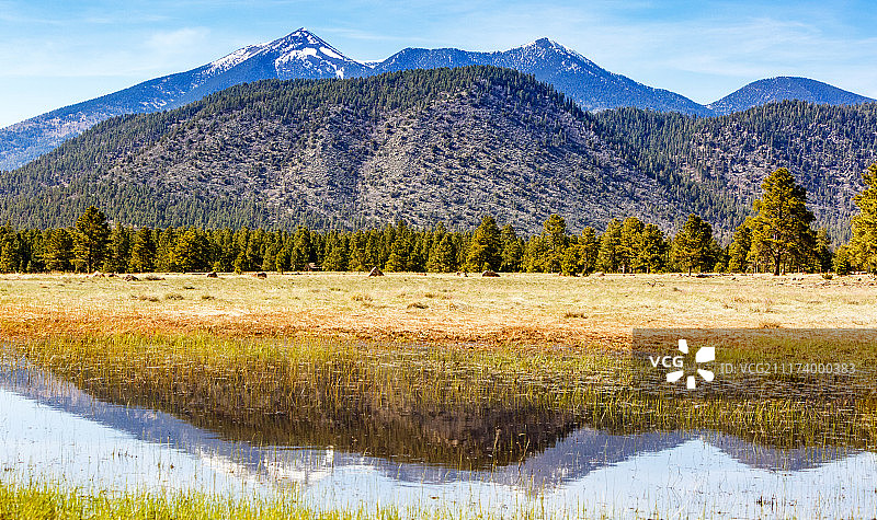 亚利桑那州弗拉格斯塔夫山脉在水中倒影图片素材