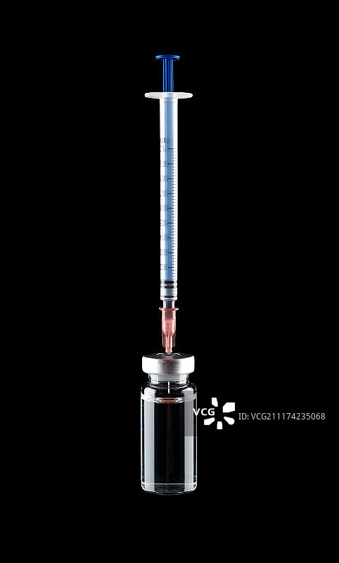 影棚拍摄针筒插在疫苗上纯黑背景图片素材