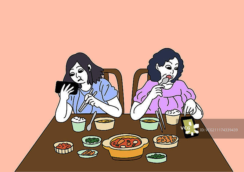 智能手机成瘾概念矢量插画：人们过度使用手机，缺乏沟通图片素材