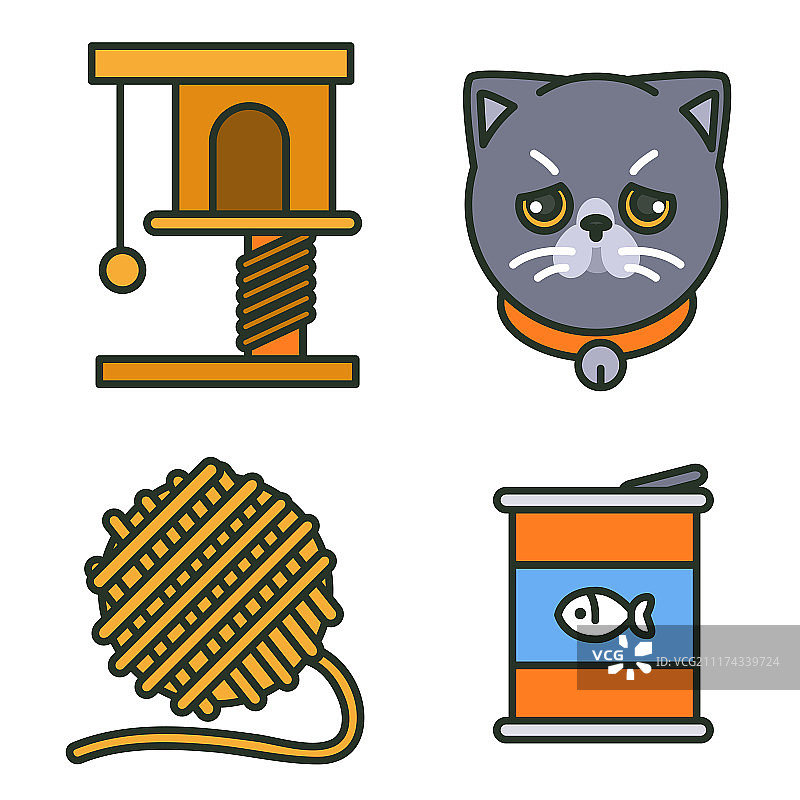 扁平化兽医图标集，用于网页和移动UI，基本兽医元素矢量插图图片素材