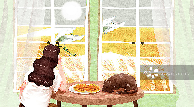 猫与女孩生活二十四节气之白露图片素材