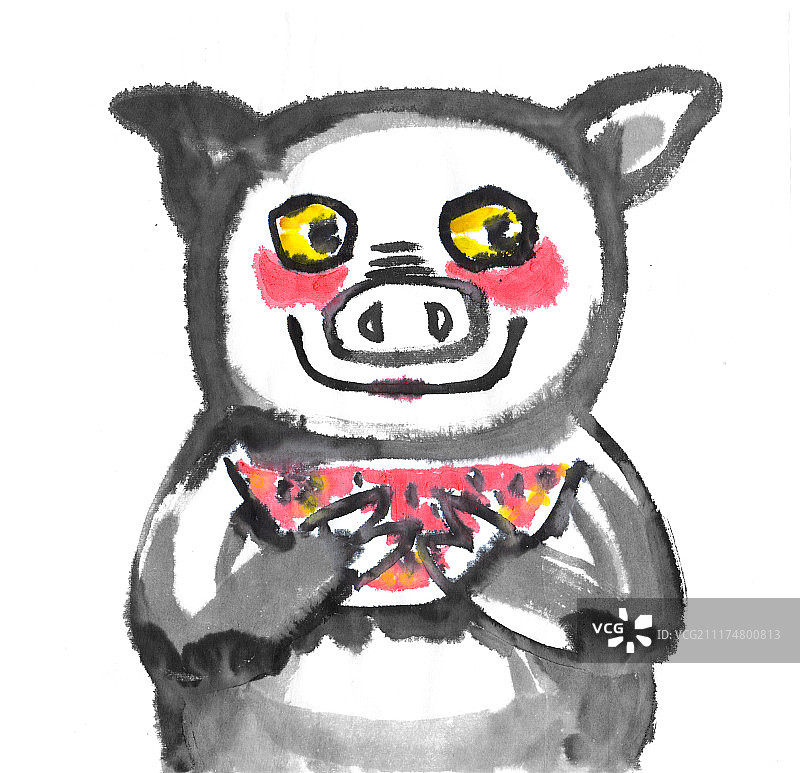 十二生肖之国画猪吃西瓜图片素材