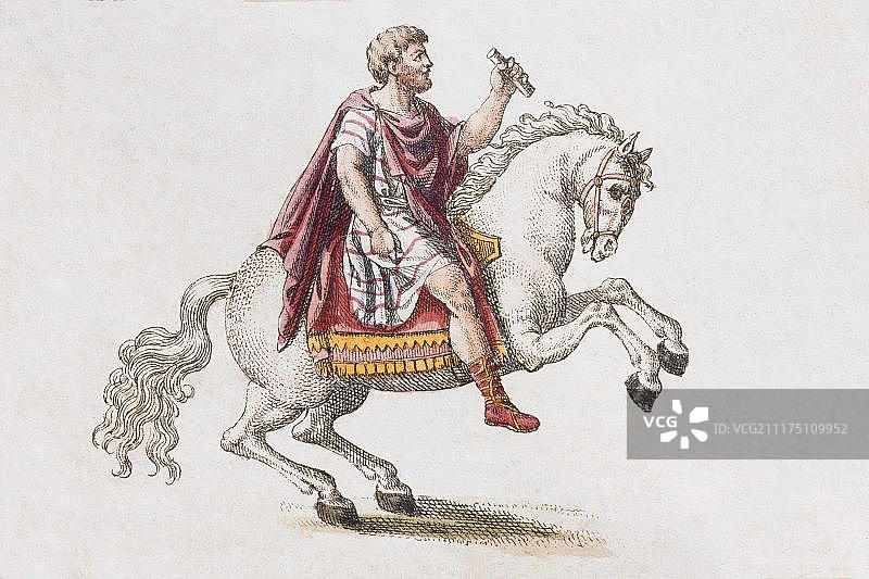 骑马的罗马将军，彩色铜版画， Friedrich Justin Bertuch绘，儿童绘本，魏玛，1795图片素材