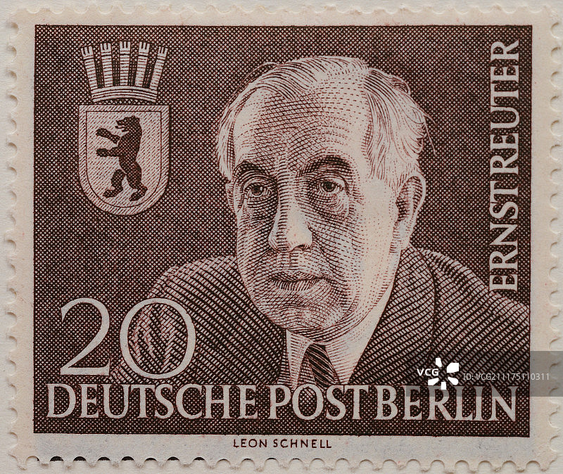 恩斯特·罗伊特（1948年至1953年西柏林市长）德国邮票肖像，柏林，1954年图片素材