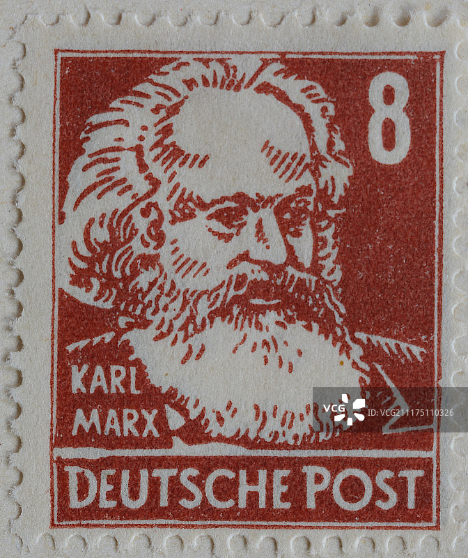 德国邮票上的德国哲学家、经济学家、社会学家和革命社会主义者卡尔·马克思画像，1948年图片素材