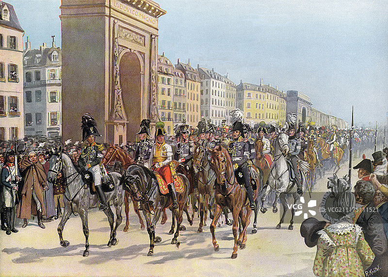 1814年3月31日巴黎投降:普鲁士国王腓特烈·威廉三世和俄罗斯沙皇亚历山大一世率军抵达巴黎图片素材