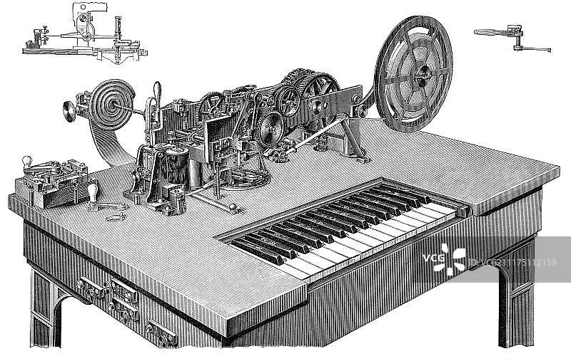 休斯式电报机撞击式打印机历史插图，1894年图片素材