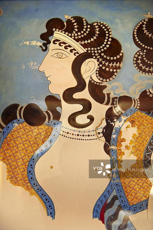 克里特岛克诺索斯米诺斯考古遗址，皇后宫殿的跳舞女孩壁画的亚瑟·埃文斯重建图图片素材