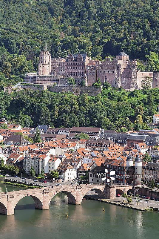 德国海德堡老城区景观：哲学家小径视角，含卡尔·特奥多桥、城门和城堡图片素材