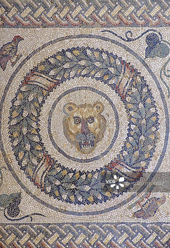 狮子头，古罗马地板马赛克，卡萨莱别墅，罗马卡萨莱别墅，古罗马遗址，恩纳省，西西里岛，意大利，欧洲图片素材
