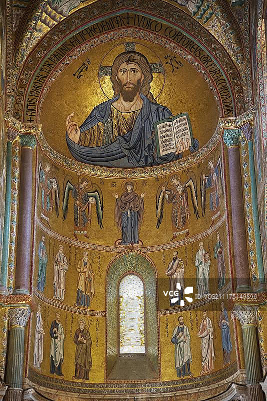 基督全能者，马赛克，至圣救主主教座堂，切法卢，西西里岛，意大利，欧洲图片素材