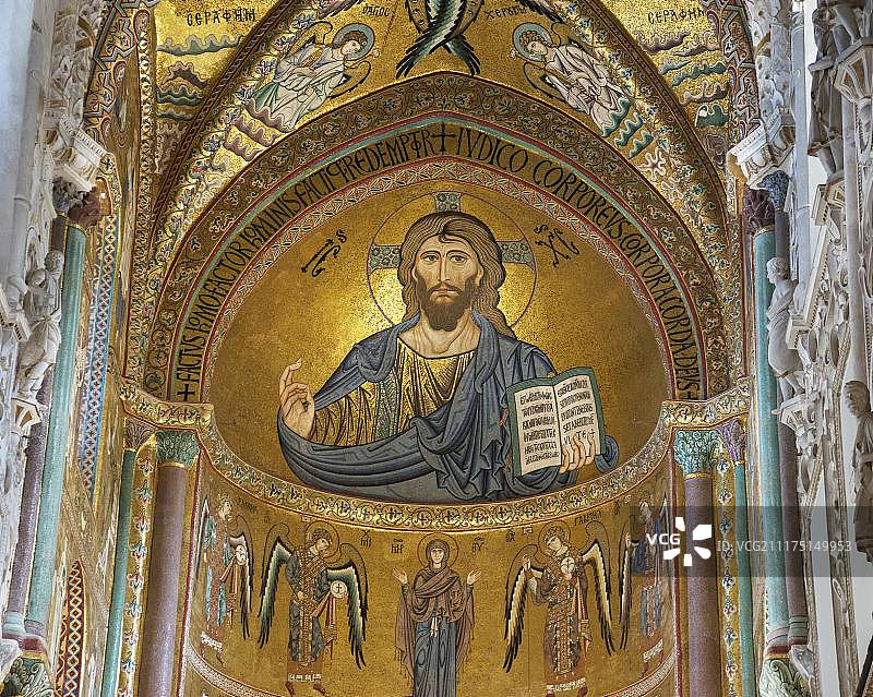 基督全能者，马赛克，至圣救主主教座堂，切法卢，西西里岛，意大利，欧洲图片素材