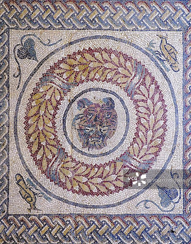 老虎头，古罗马地板马赛克，卡萨莱别墅，罗马卡萨莱别墅，古罗马遗址，恩纳省，西西里岛，意大利，欧洲图片素材