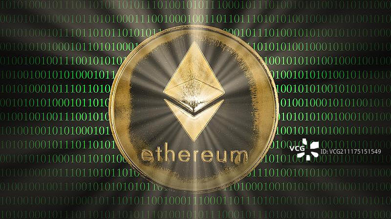 以太坊数字加密货币金币与二进制代码背景图片素材