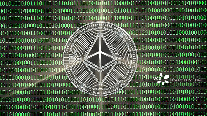 加密数字货币以太坊币与二进制代码图片素材