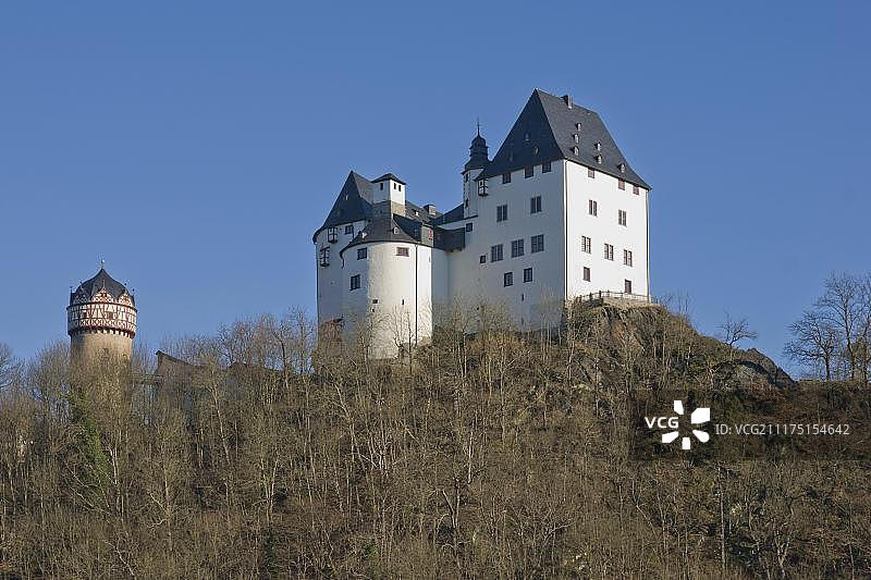 从索尔米茨河口看到的布尔克城堡，德国图林根州图片素材