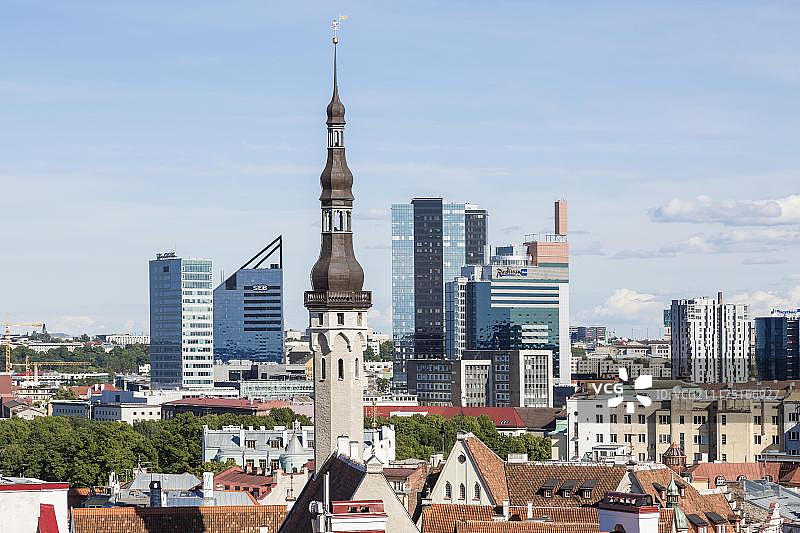 从托姆比亚山上俯瞰下城区、老城区、市政厅和金融区，爱沙尼亚塔林图片素材