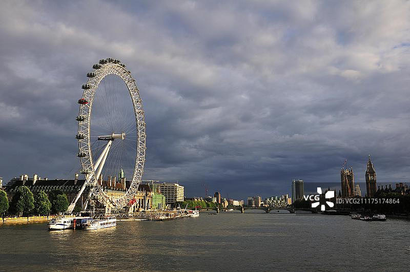 从亨格福德桥眺望泰晤士河和伦敦眼，英国伦敦图片素材