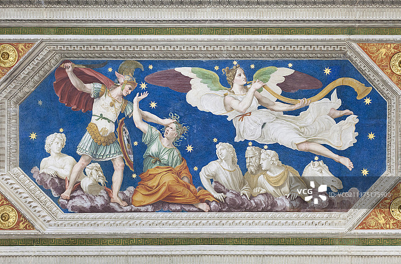 珀尔修斯和美杜莎天花板壁画，1511-12，法尔内西纳别墅，特拉斯提弗列，罗马，拉齐奥，意大利，欧洲图片素材