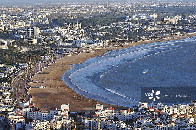 从卡斯巴俯瞰海湾、海滩和城市，卡斯巴，阿加迪尔，苏斯-马赛-德拉地区，摩洛哥，非洲图片素材