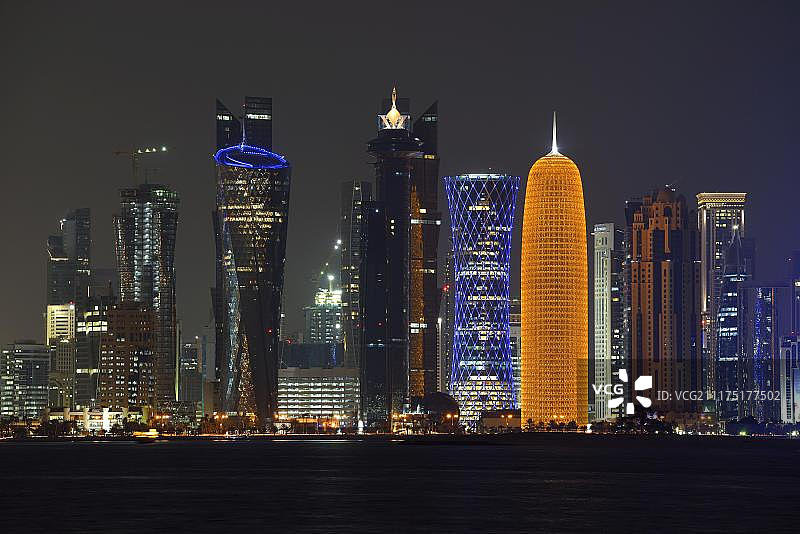 多哈夜景，卡塔尔，亚洲图片素材