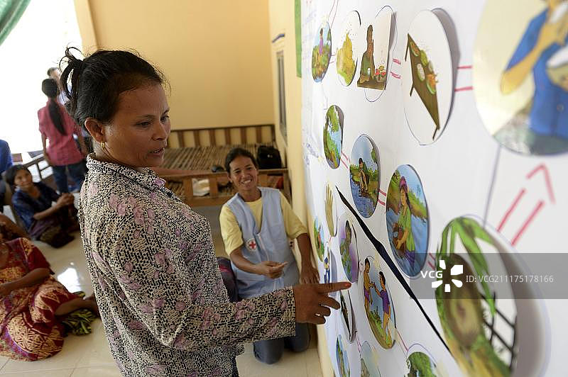 一位夫人整理了墙上关于卫生的图片，在非政府组织的培训中进行分析，村民们了解了卫生不良的原因和后果，亚洲柬埔寨茶胶省Bathi区Trapang村图片素材