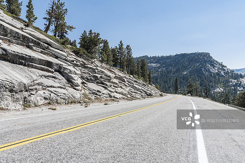 美国岩石景观中的沥青道路背景板，有松树图片素材