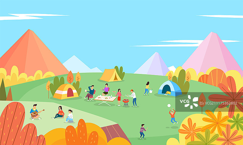 夏秋季节活动插画：露营、冲浪、骑自行车、徒步等图片素材