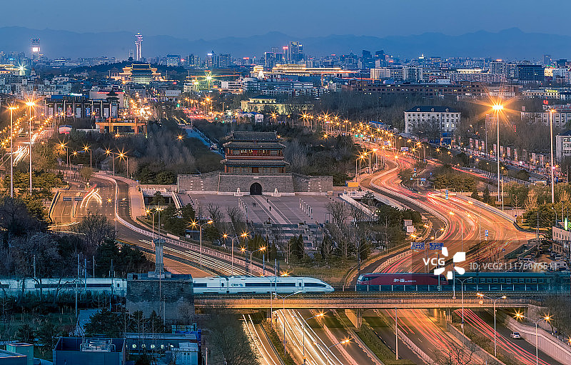 永定门城楼下的高铁图片素材