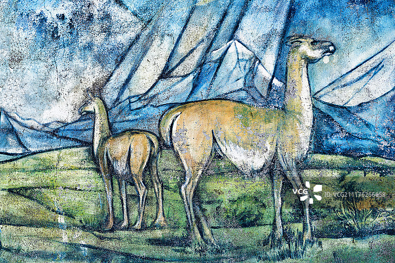 代表奥尼肯克和卡韦沙尔民族文化遗产的壁画，智利巴塔哥尼亚纳塔莱斯港，南美洲图片素材