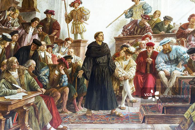 帝国大厅，1521年马丁·路德在帝国议会上的壁画，帝国宫殿，德国下萨克森州戈斯拉尔凯撒普法尔茨，联合国教科文组织世界遗产图片素材