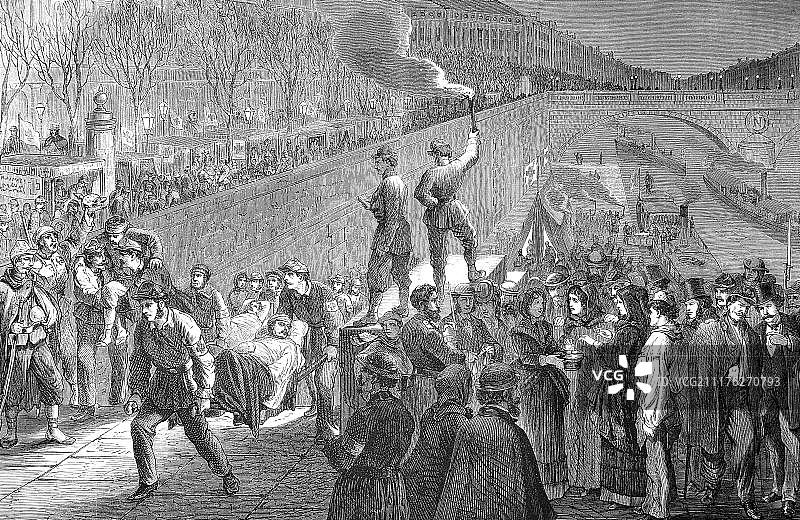 法德战争：1871年1月19日巴黎梅热斯里码头防御战中受伤的法国士兵图片素材