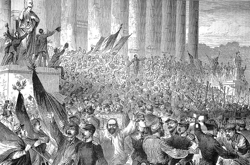 1870/71年法德战争，甘必大在巴黎立法机构大厦前宣告法兰西共和国成立图片素材