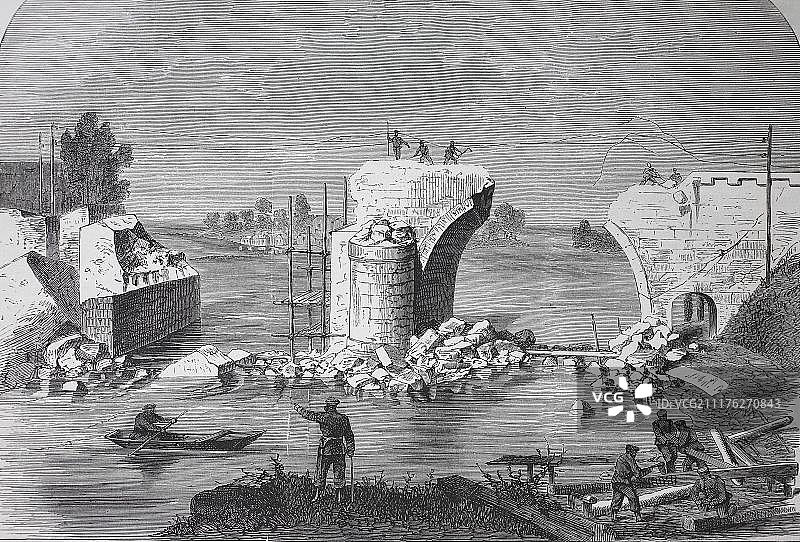 1870/1871年普法战争期间，法国马恩河畔默城特里尔波特的铁路桥被毁，木刻，法国，欧洲图片素材
