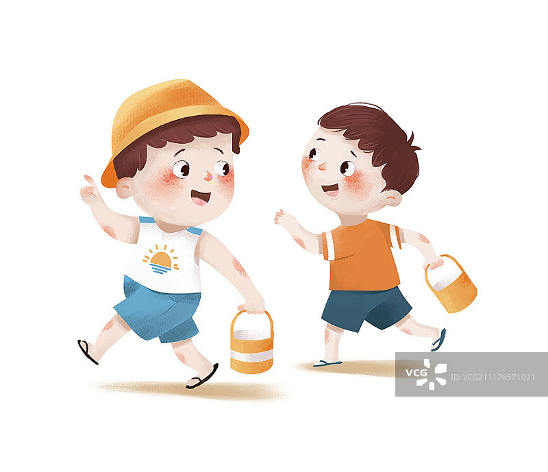 小男孩们提着水桶散步嬉戏图片素材