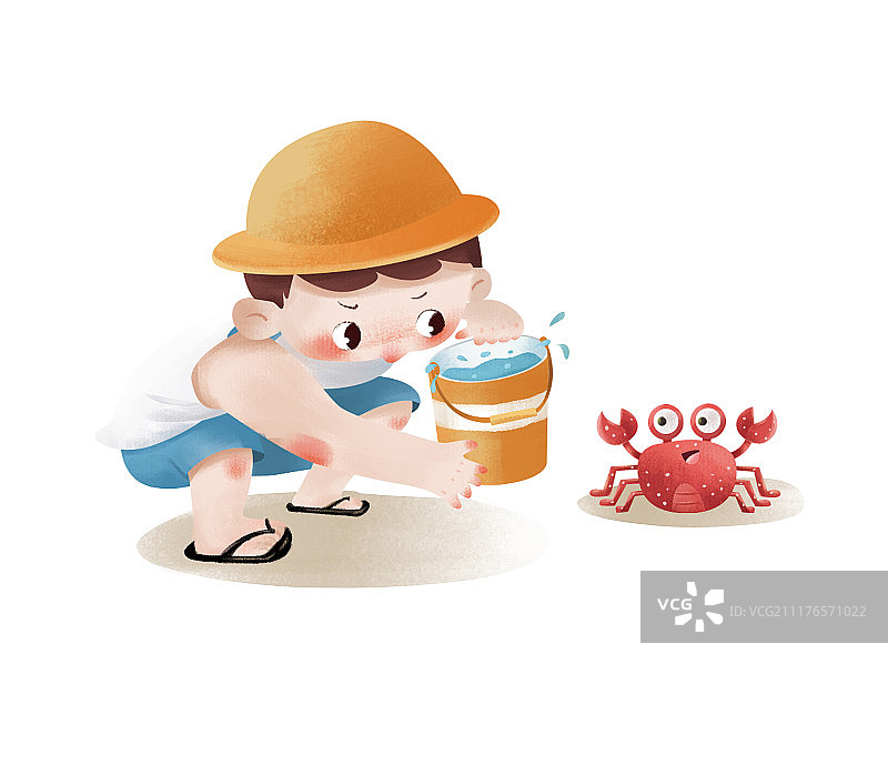 小男孩提着水桶捉螃蟹图片素材