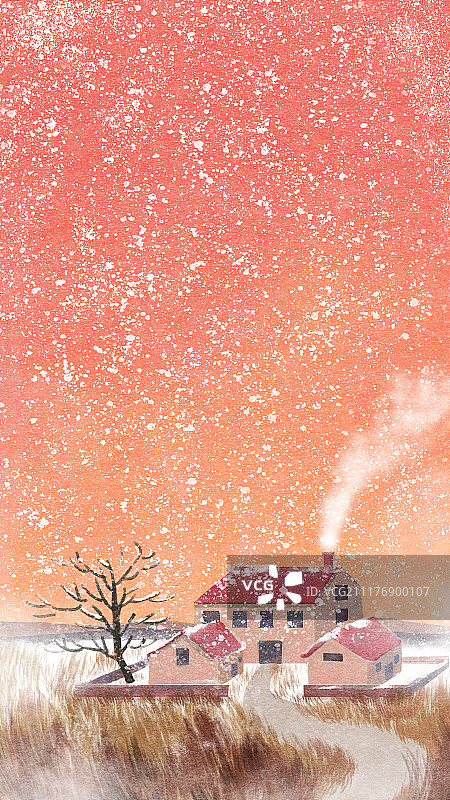 小雪 枯草房屋树下雪雾气图片素材