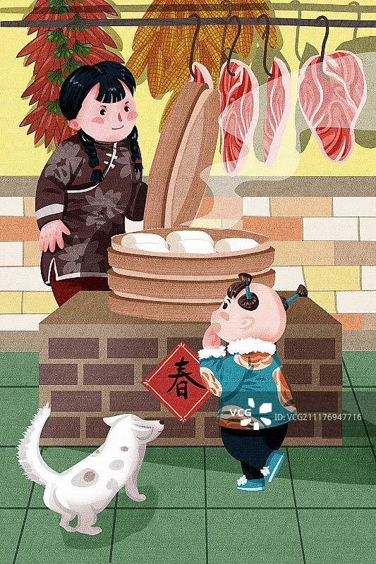 传统春节民俗姐弟系列之二十九蒸馒头图片素材