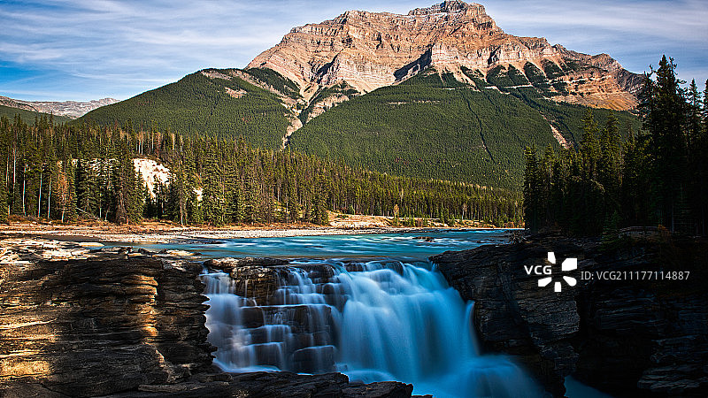 加拿大阿尔伯塔省山地森林瀑布风光图片素材