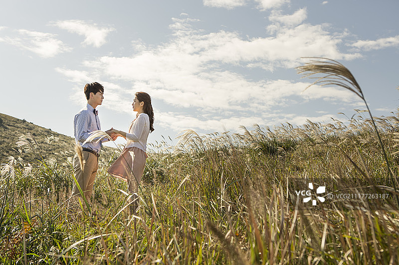 夫妇手牵手站在银色草地上照片图片素材