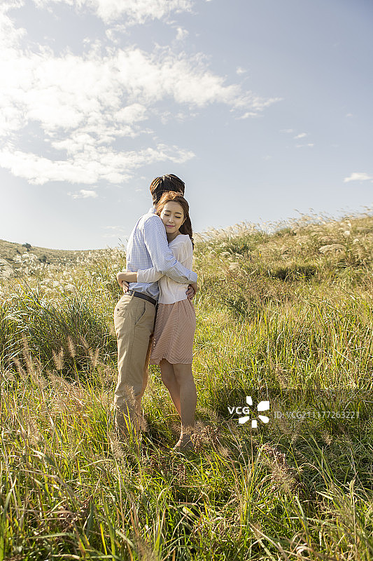 情侣在银色草地拥抱摄影图片素材