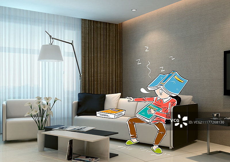 插图和家居内饰背景的合成图像图片素材