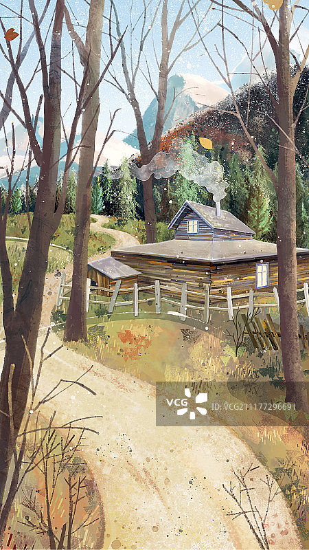 冬季山路小木屋图片素材
