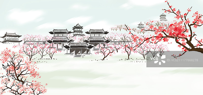 水墨风格传统古建筑桃花图片素材