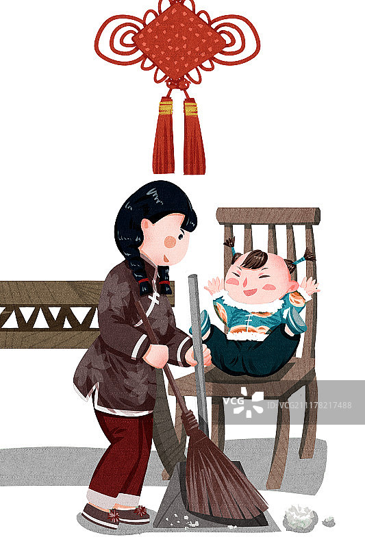 传统春节民俗姐弟人物系列之二十四扫房子图片素材