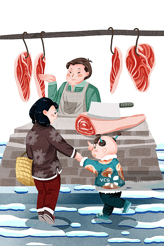 传统春节民俗姐弟人物系列之二十六割年肉图片素材