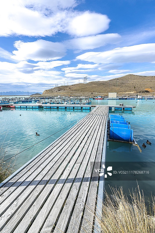 新西兰南岛特威泽尔怀雷波臂冰川水域上的鲑鱼养殖场图片素材