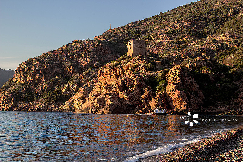 科西嘉岛，波尔图，热那亚塔的日落图片素材