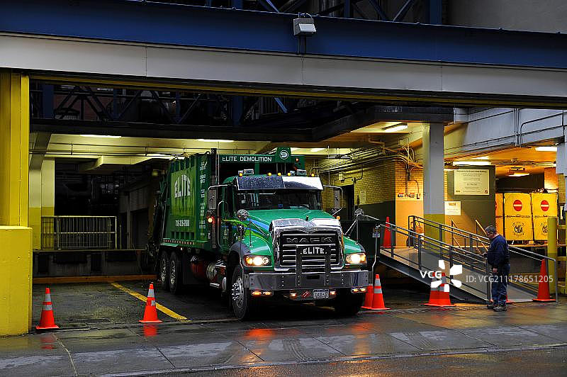垃圾车，精英拆迁公司，曼哈顿中城，纽约市，美国图片素材